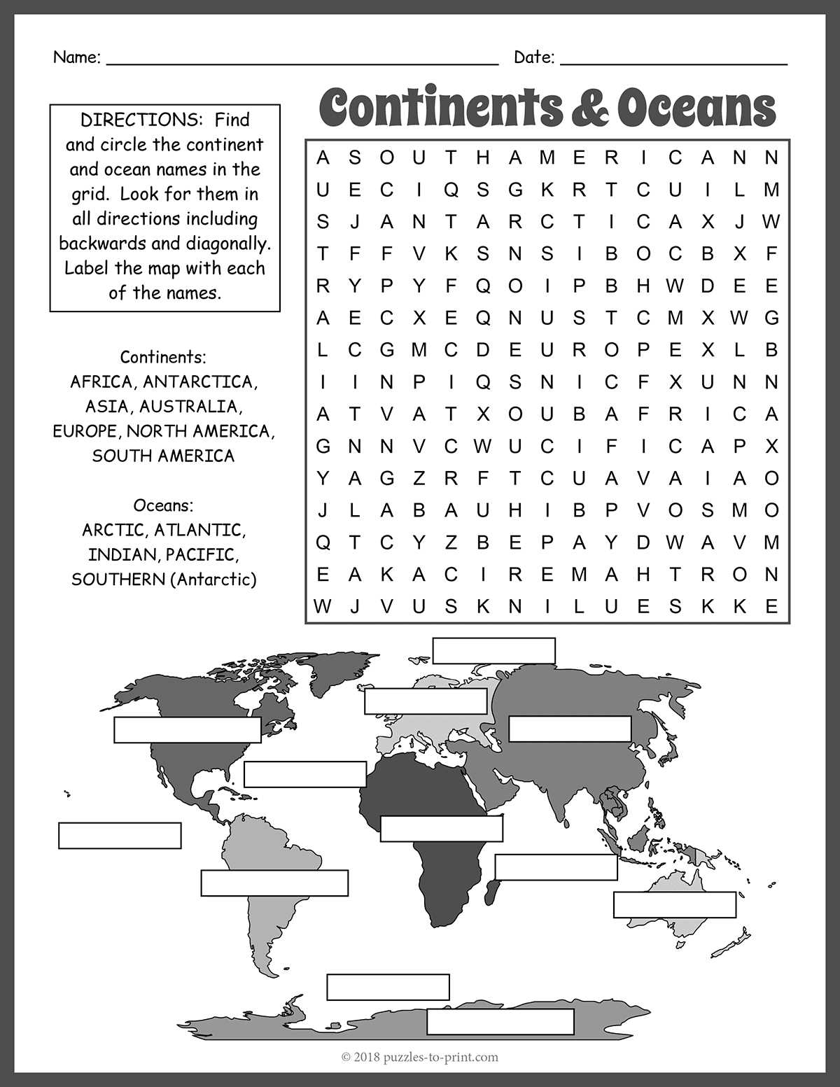 continents and oceans worksheet free