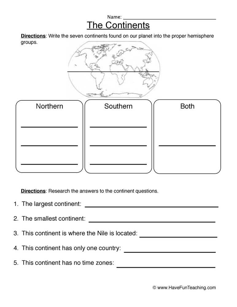 continents worksheet