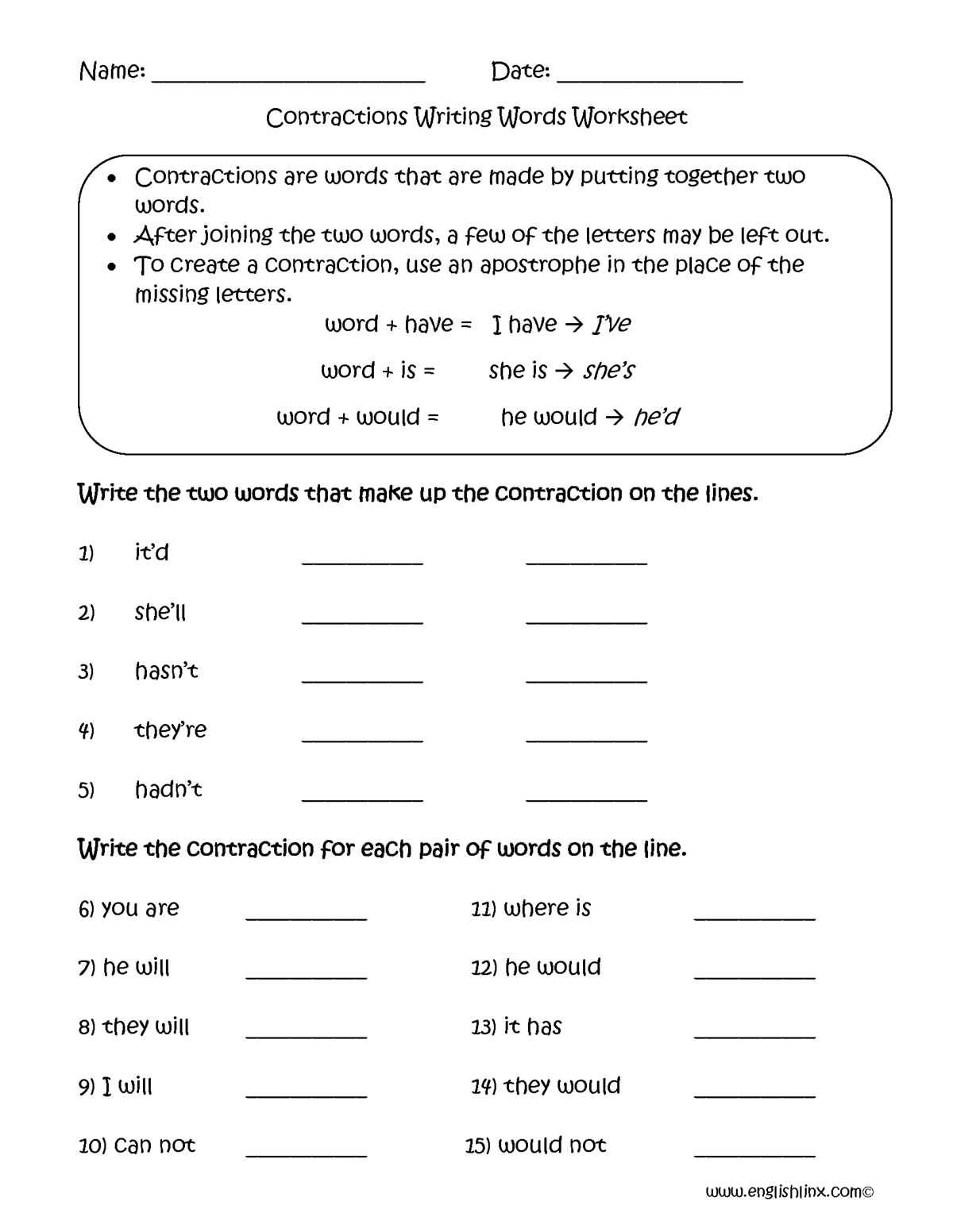 contractions 3rd grade worksheets