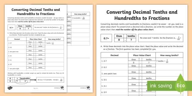 convert decimals to fractions worksheet