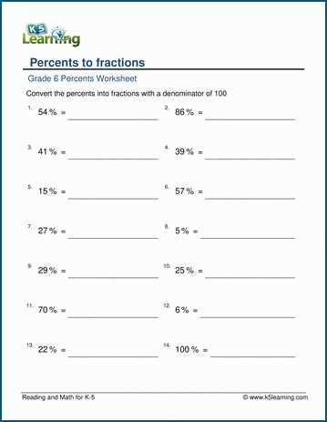 convert percent to fraction worksheet