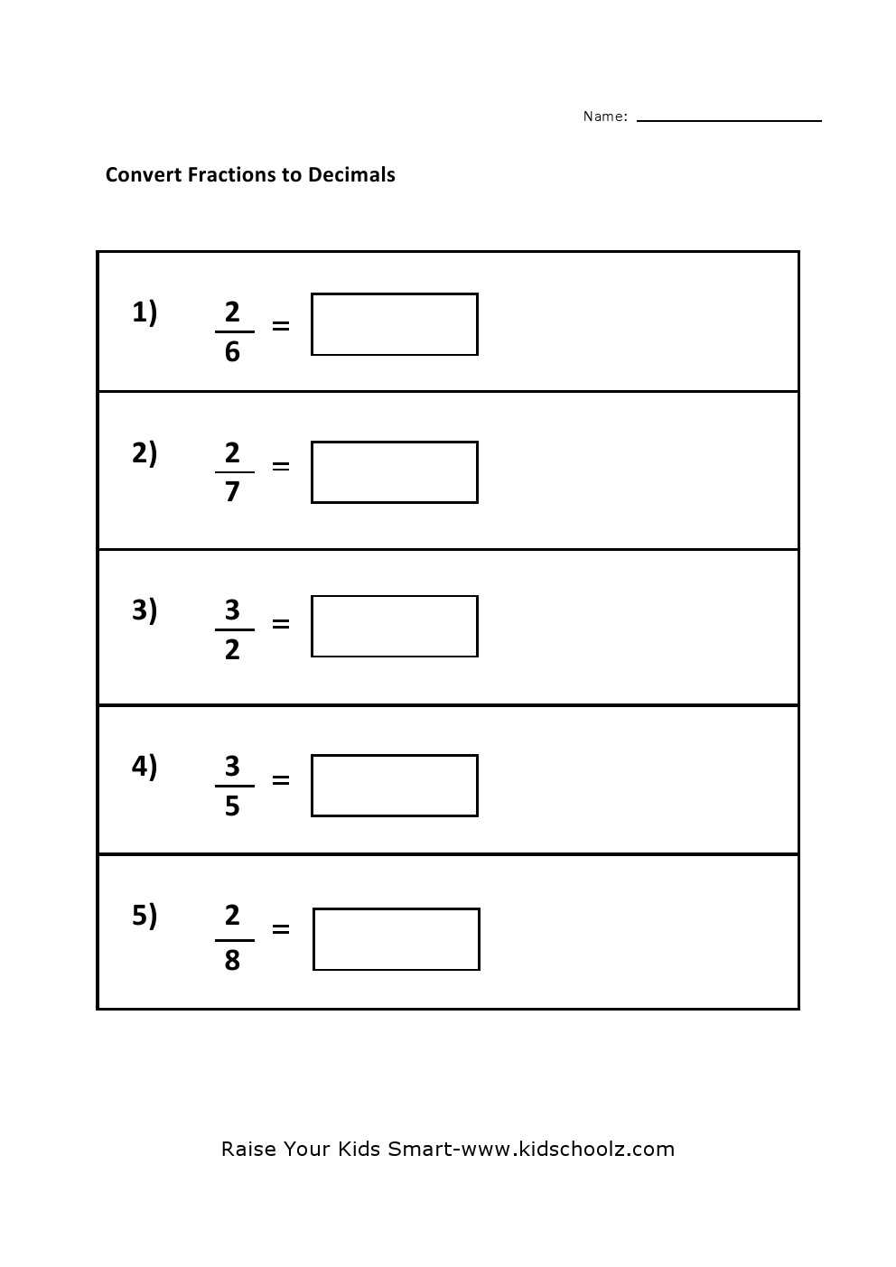 converting fractions to decimals worksheet