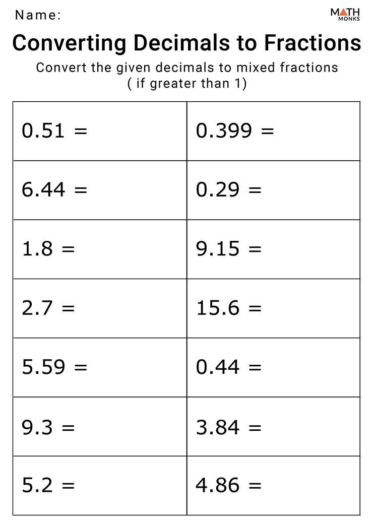 converting fractions to decimals worksheets