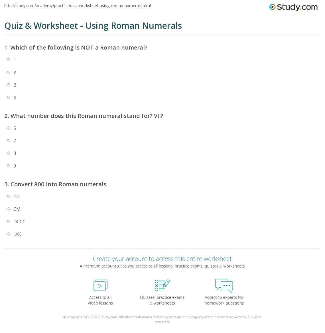 converting numbers to roman numerals worksheet