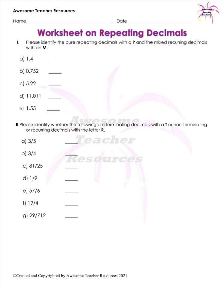 converting repeating decimals to fractions worksheet
