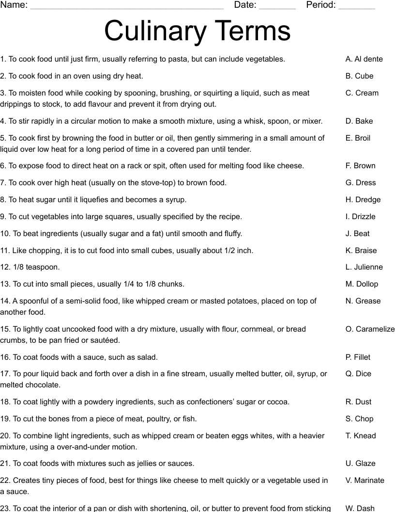 cooking terms worksheet