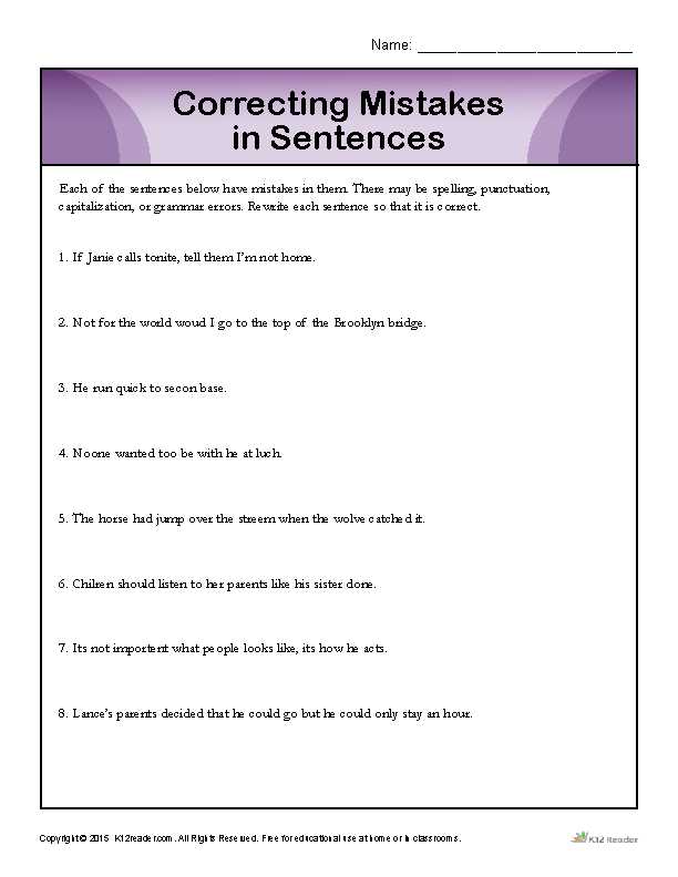 correct the sentence worksheet