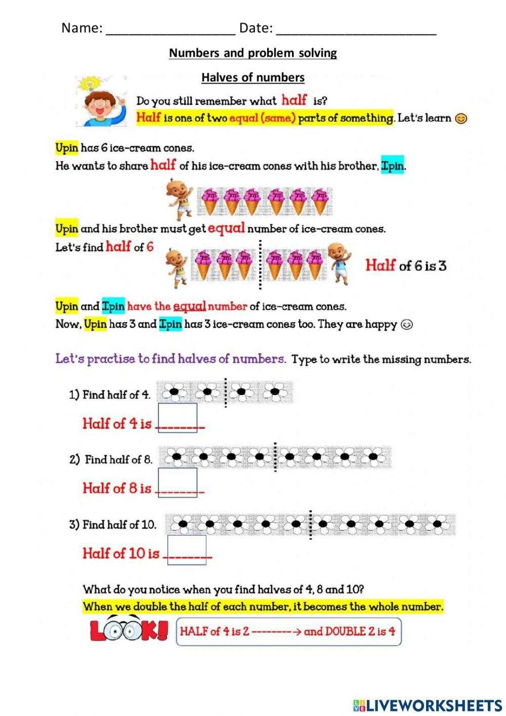 counting in halves worksheet