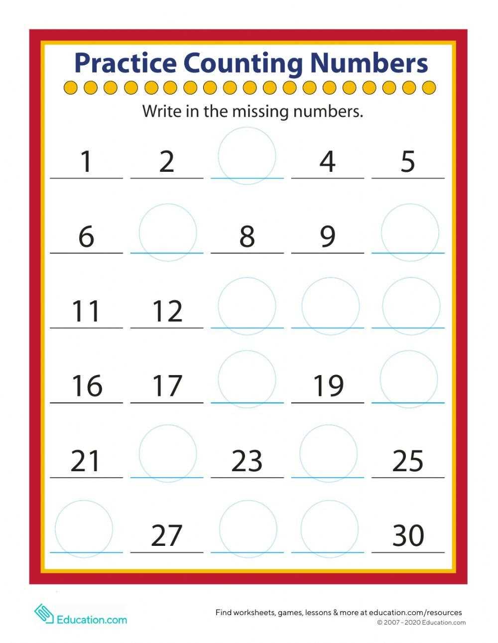 counting to 30 worksheets kindergarten