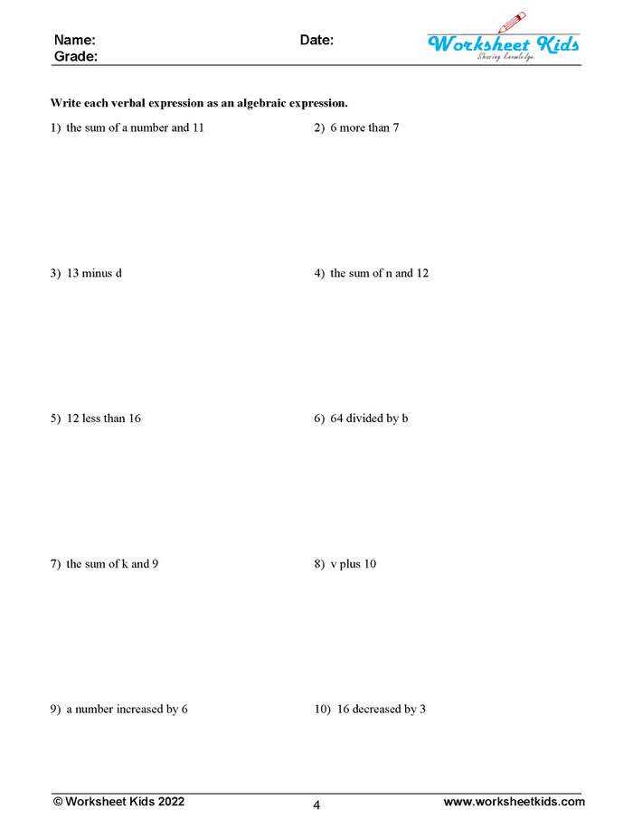 creating expressions worksheet