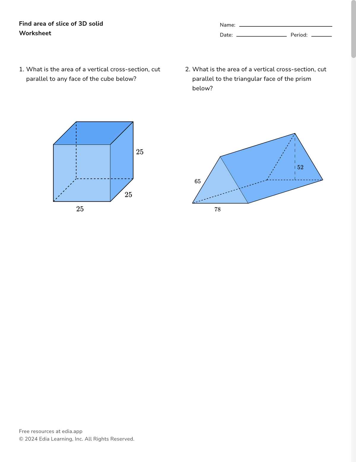 cross section of solids worksheets
