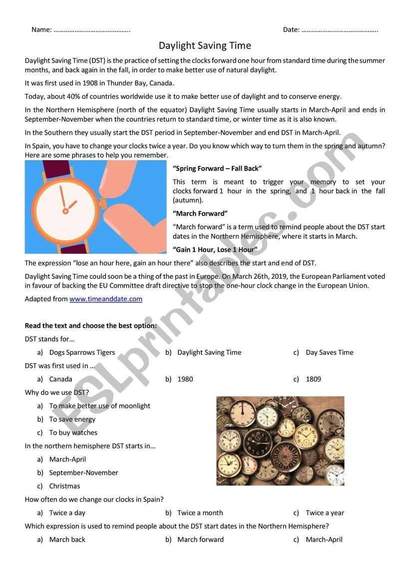 daylight savings time worksheet