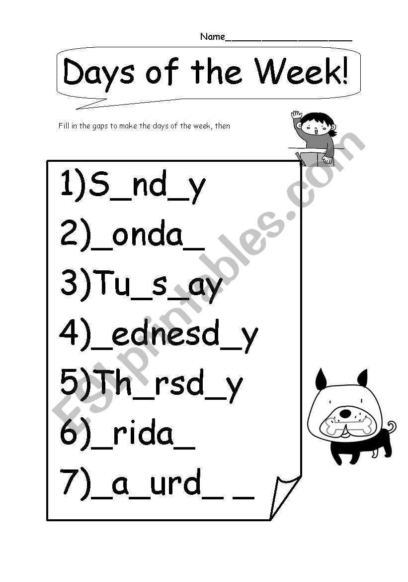 days of week in english worksheet