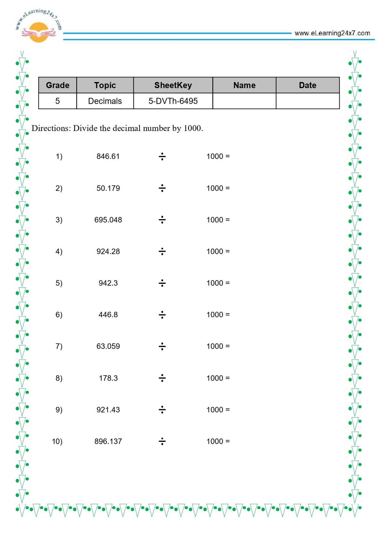 decimal divide worksheet