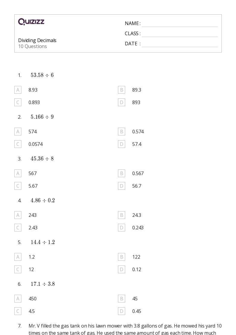 decimal divide worksheet