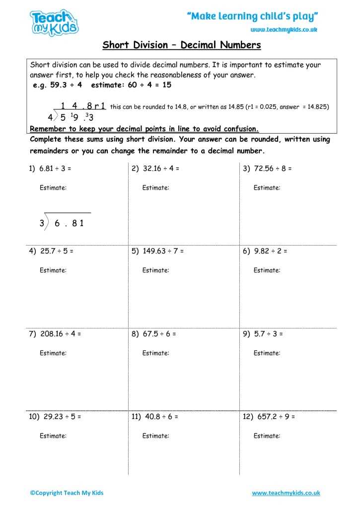 decimal divided by decimal worksheet