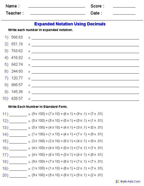 decimal expanded notation worksheet