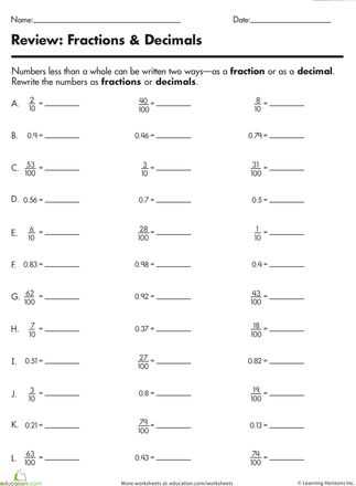 decimal into fraction worksheet