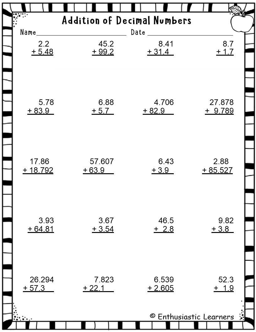 decimal math worksheets