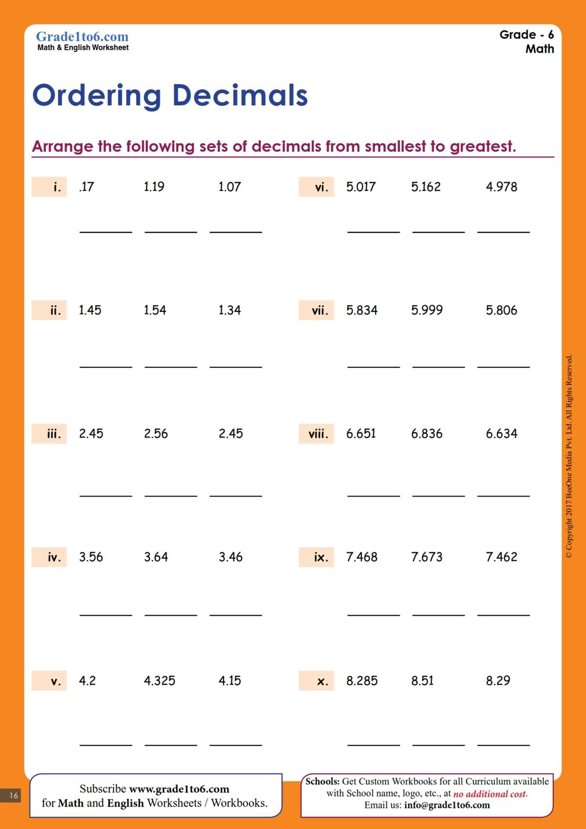decimal math worksheets