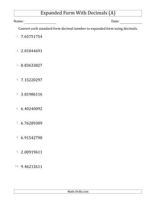 decimal numbers expanded form worksheet