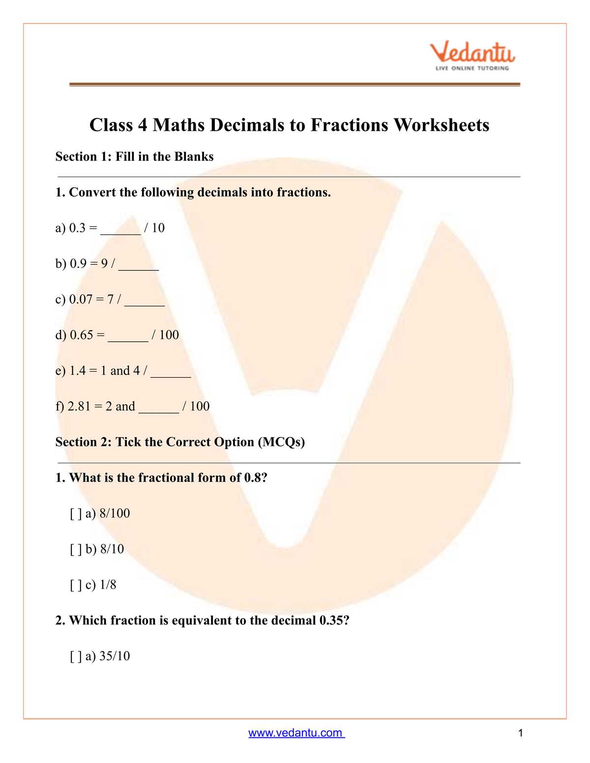 decimals to fractions worksheet
