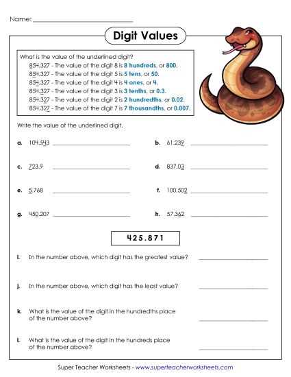 decimals to thousandths 5th grade worksheets
