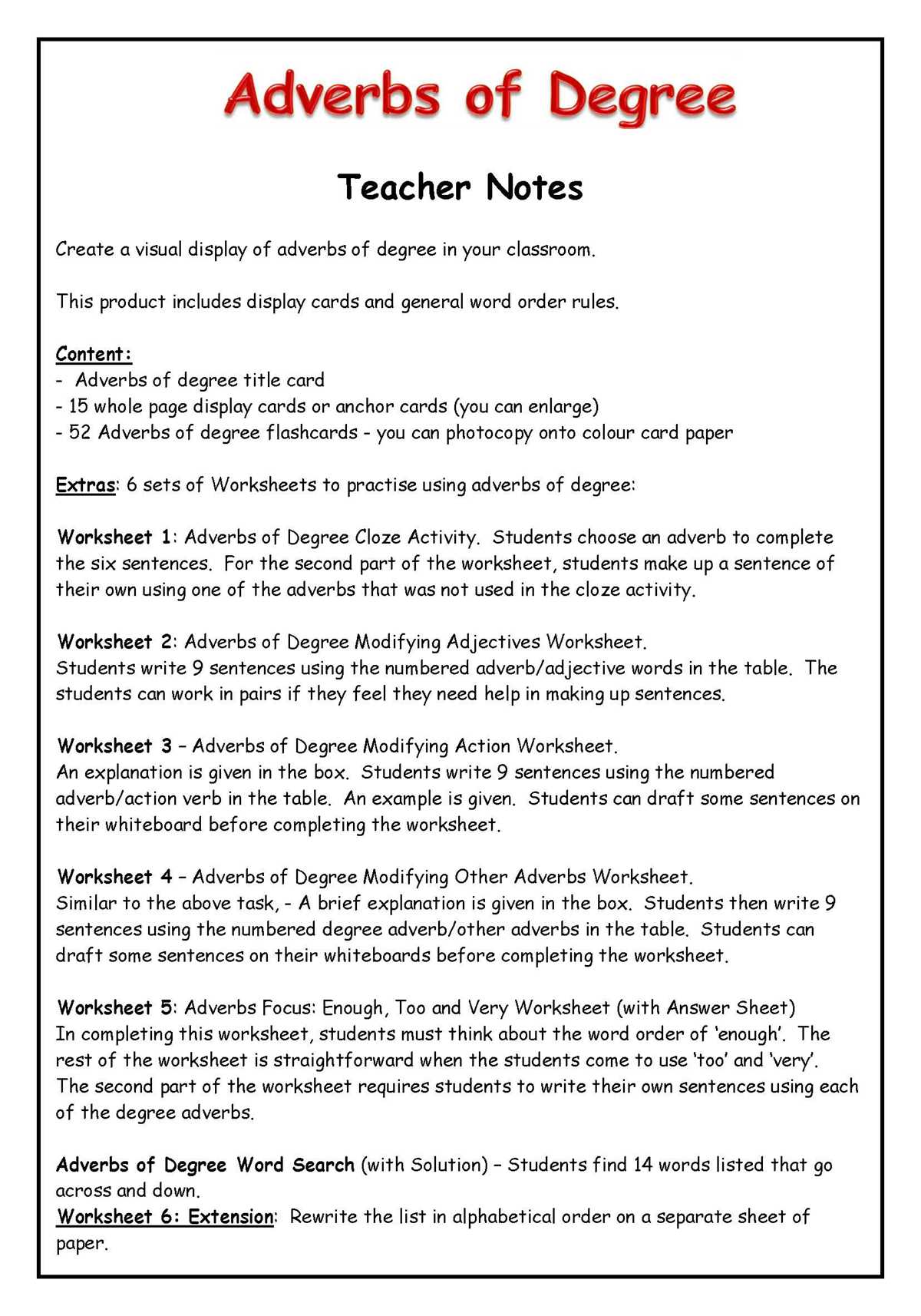 degree of adverbs worksheets