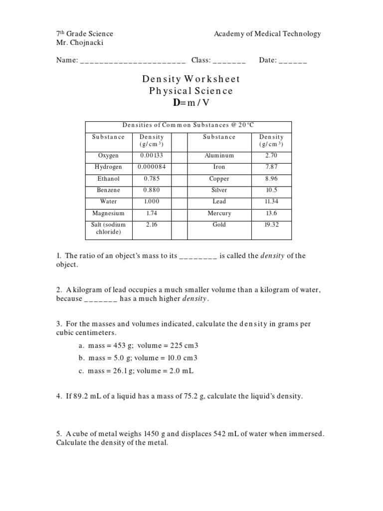 density calculations worksheet