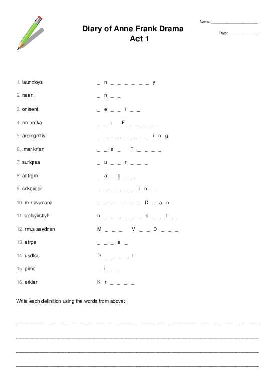 diary of anne frank play worksheets