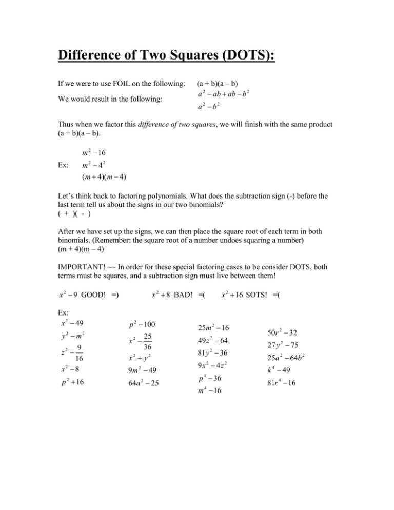 difference of squares factoring worksheet