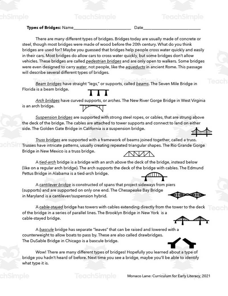 different types of bridges worksheet