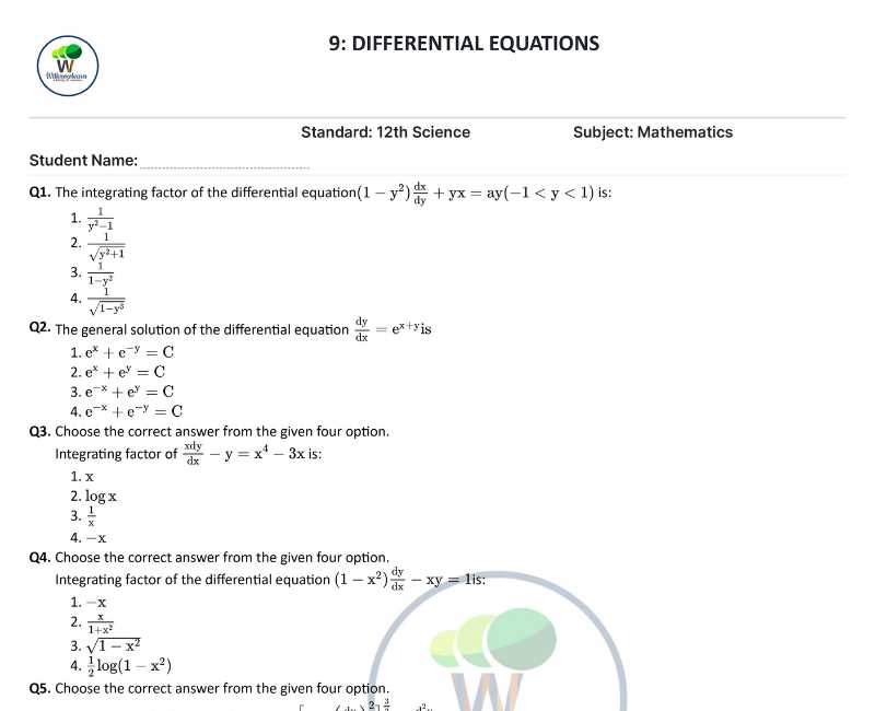 differential equations worksheet and solutions