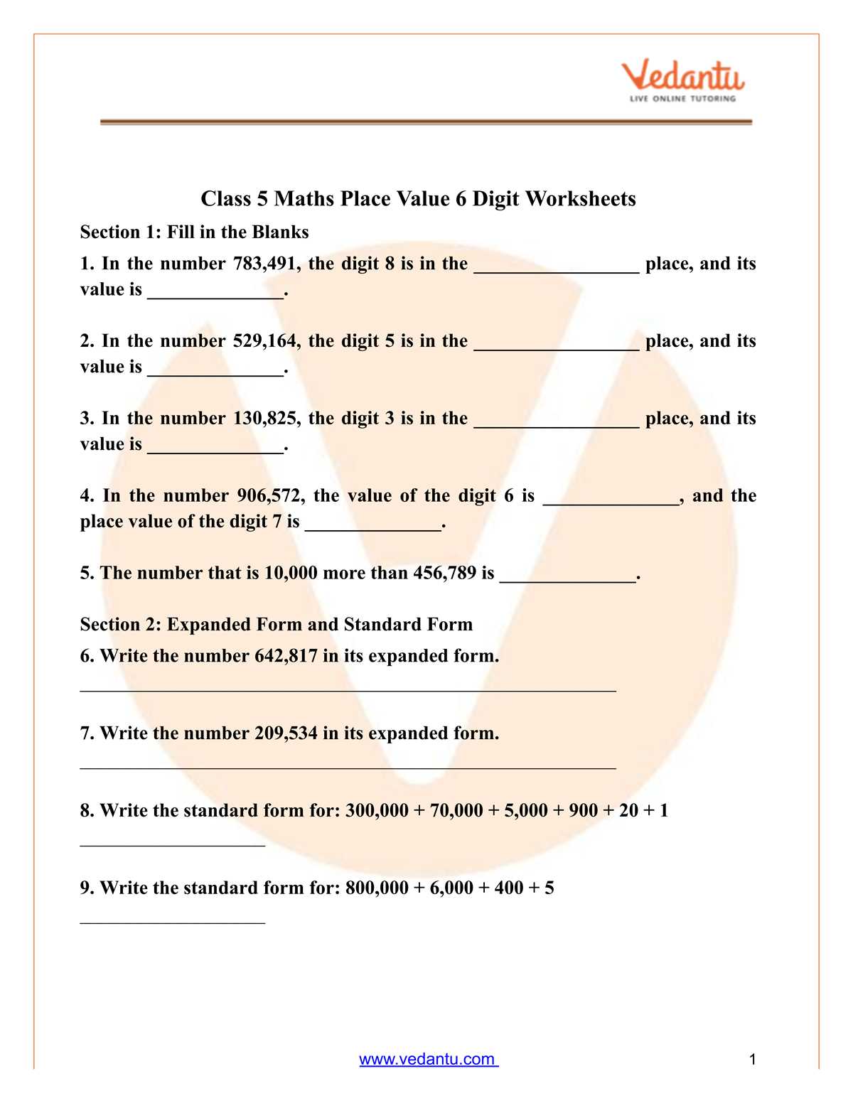 digit value worksheets