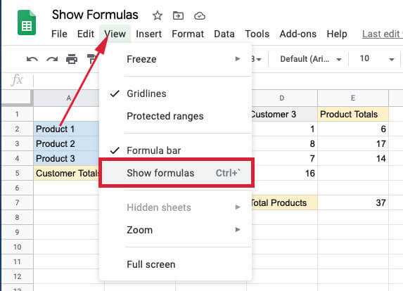 display the formulas in the worksheet