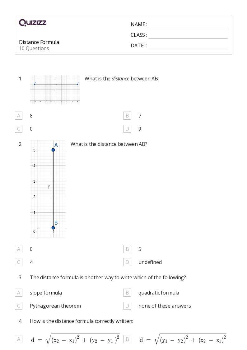 distance formula worksheet class 10