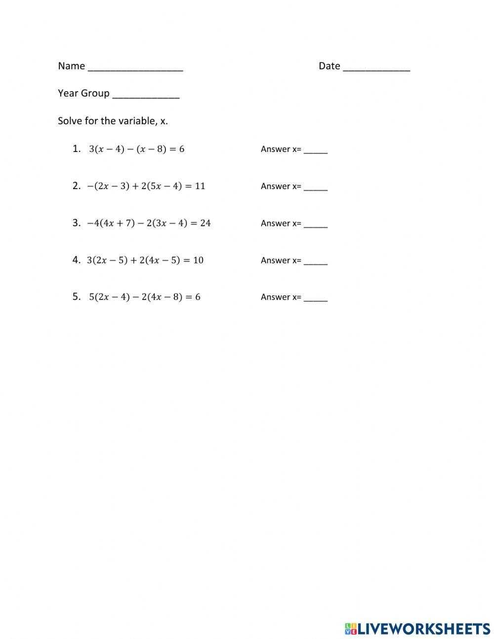 distributive property solving equations worksheet