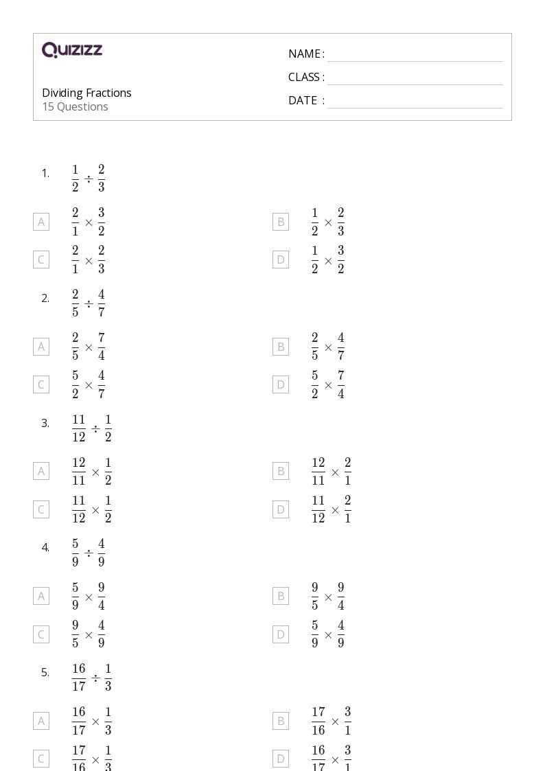 dividing fractions worksheets 6th grade