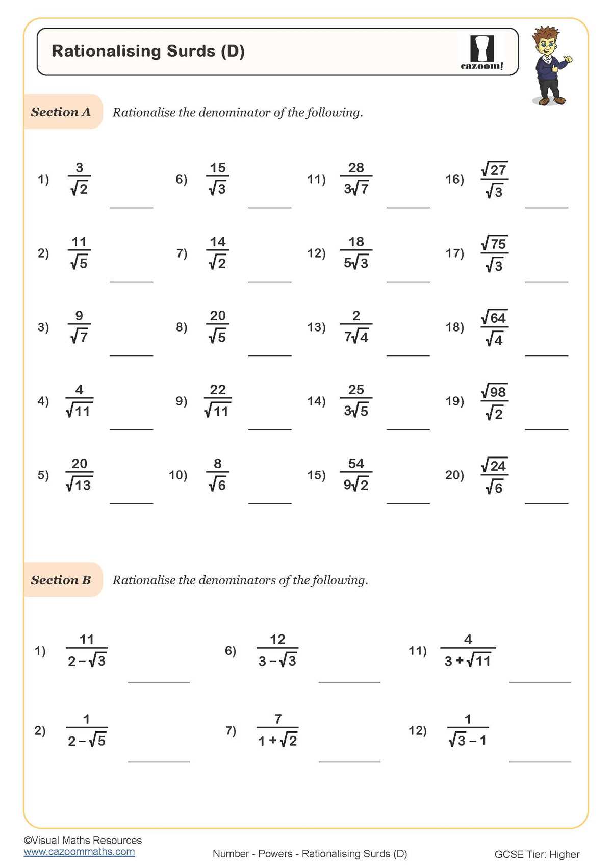 dividing surds worksheet