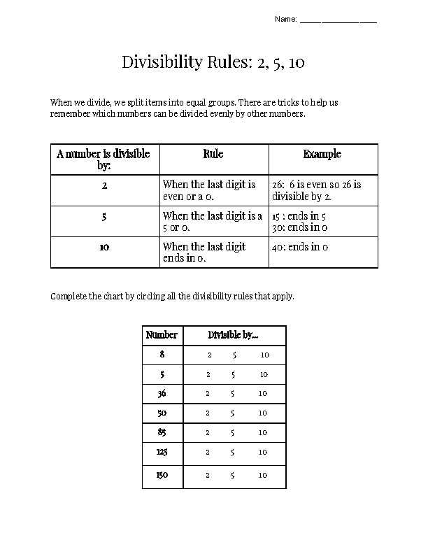 divisible by 2 5 10 worksheets
