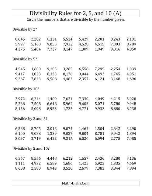 divisible by 2 5 10 worksheets