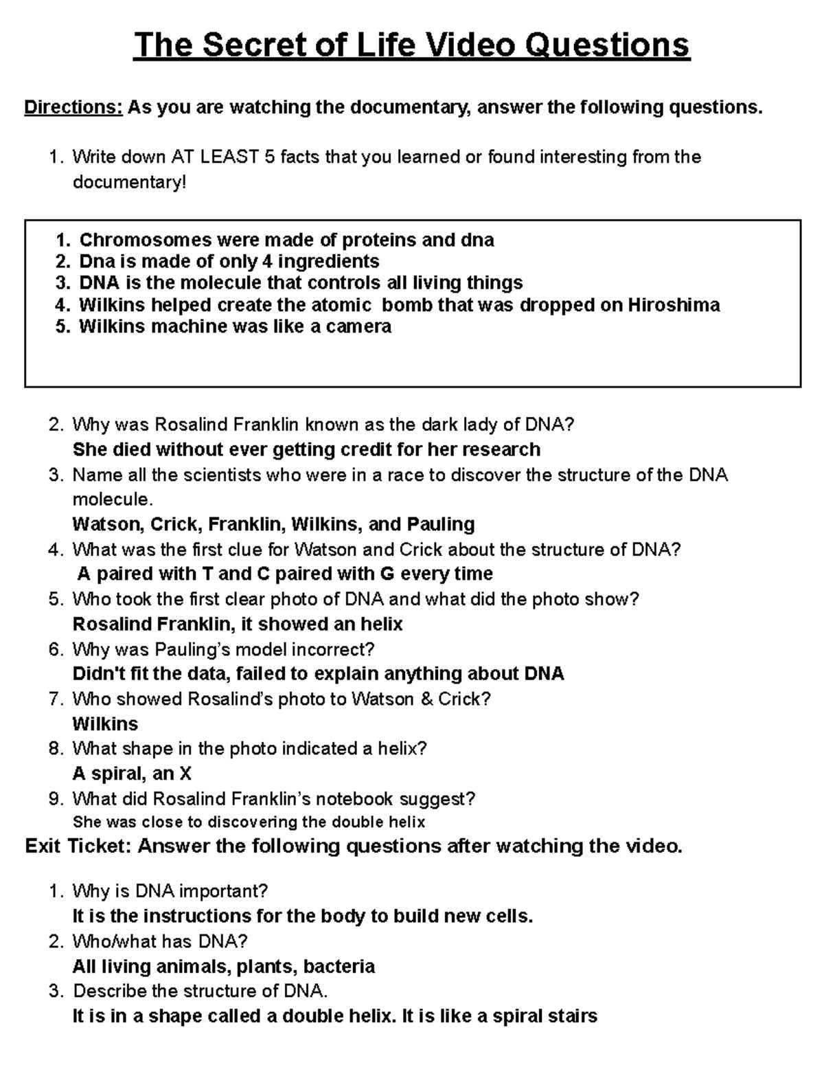 dna the secret of life video worksheet