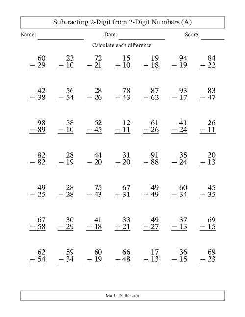double digit subtraction worksheet