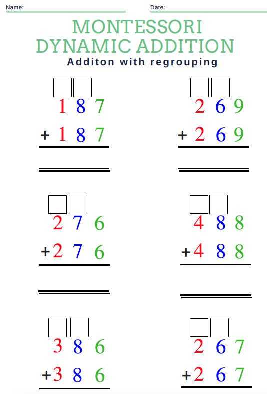 dynamic addition worksheet montessori
