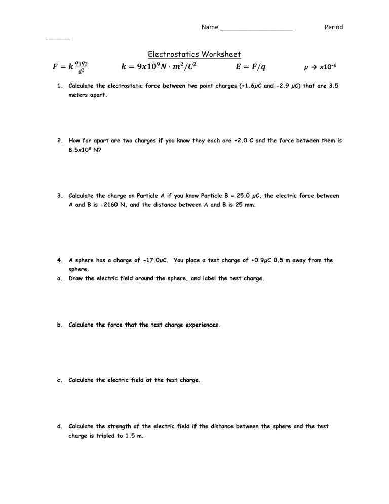 electrostatics physics worksheet