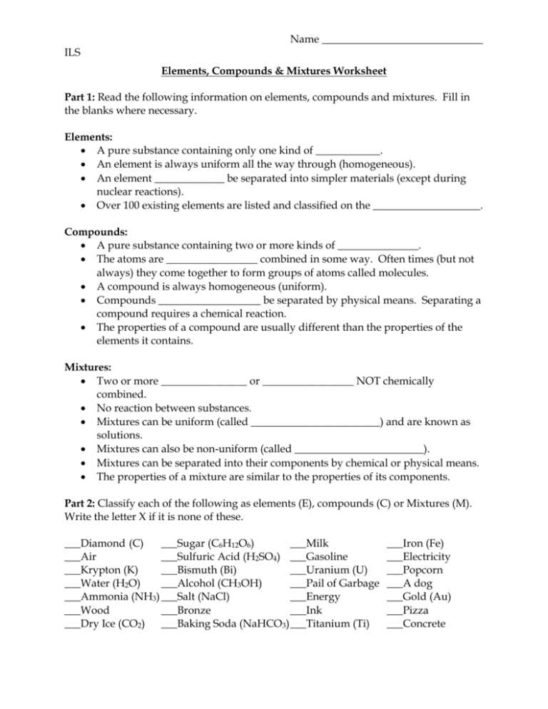 elements and compounds worksheet