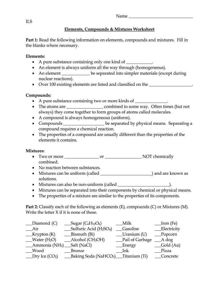 elements vs compounds vs mixtures worksheet