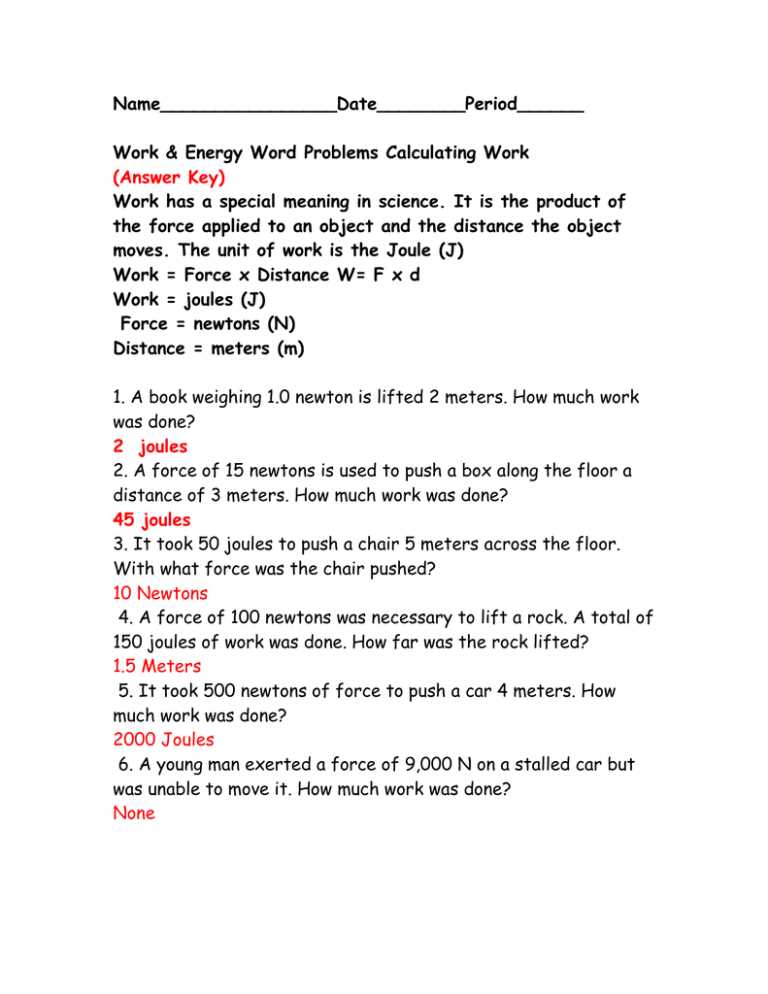 energy work power worksheet