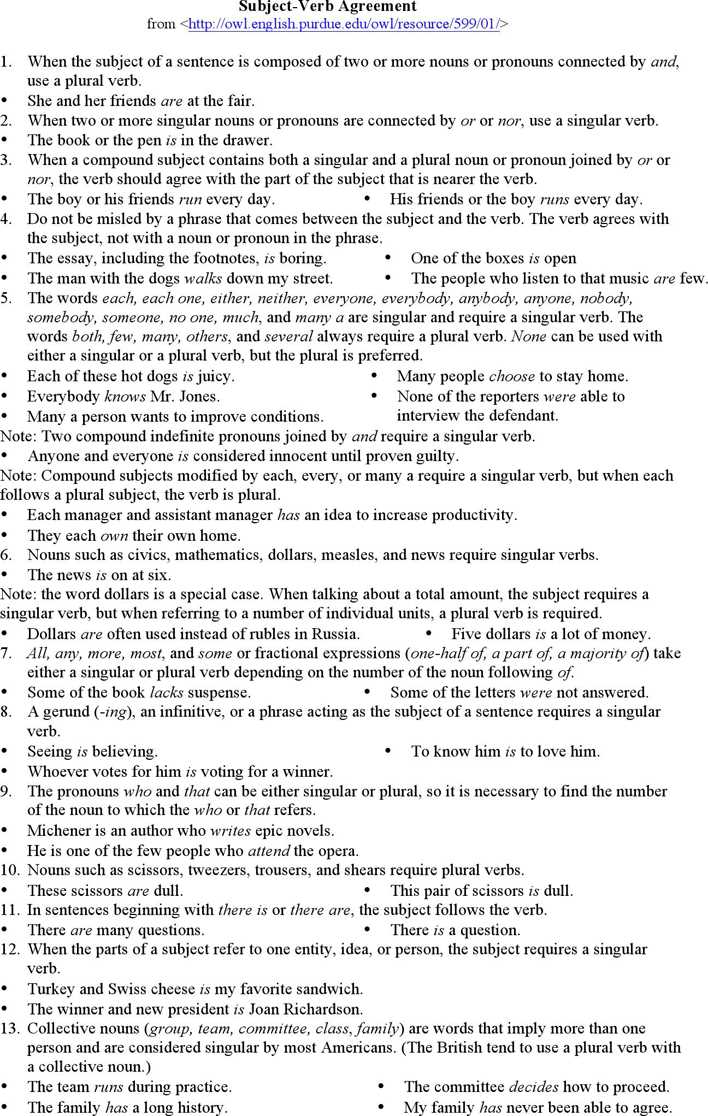 english grammar subject verb agreement worksheet