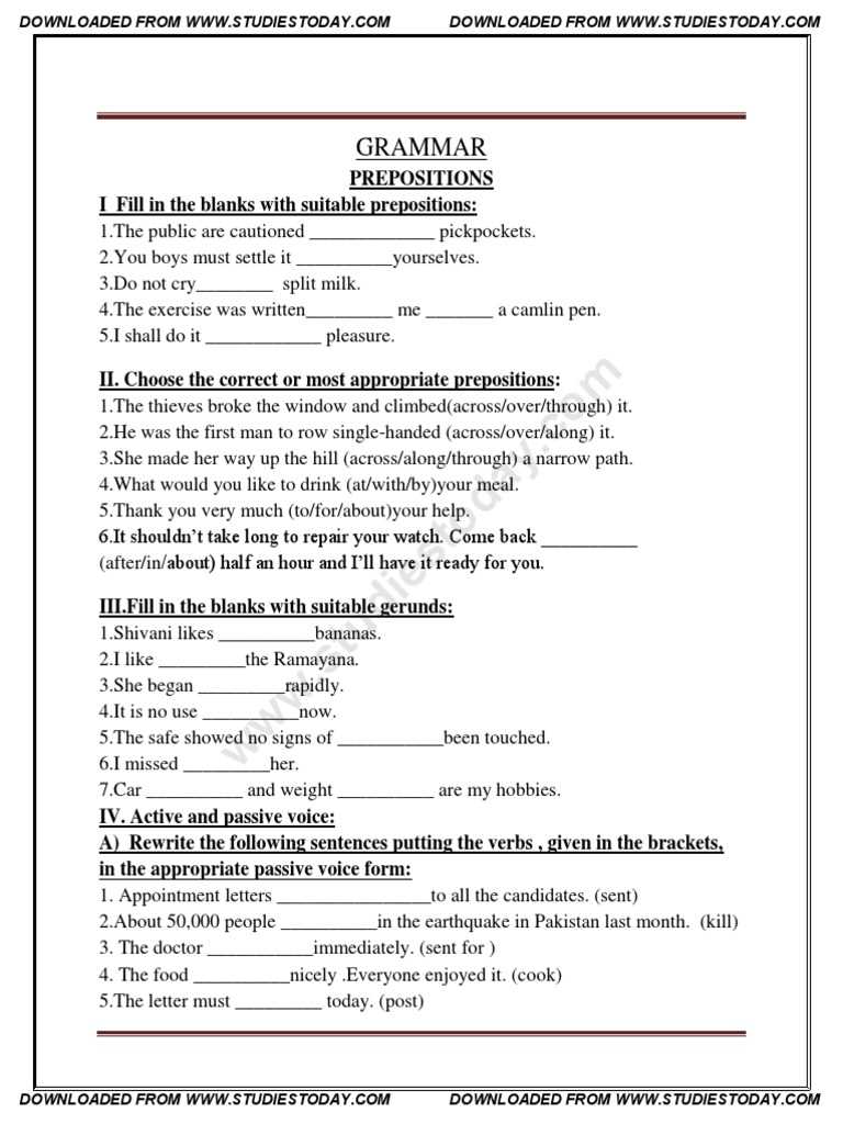 english grammar worksheets for class 8